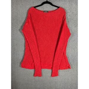 RALPH LAUREN Open Knit Sweater Boatneck Pullover Linen/Cotton Red Women Large